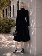 Retro Black Velvet Midi Sweetheart Fit‑Flare Dress