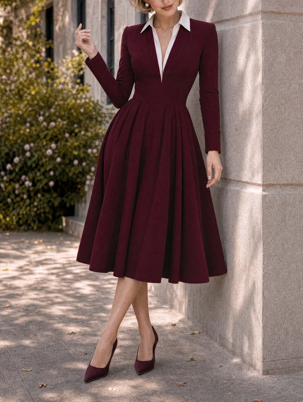Retro Wine Red Commuter V‑Neck Midi Pleated Dress