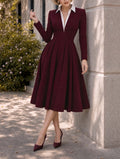 Retro Wine Red Commuter V‑Neck Midi Pleated Dress