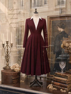 Retro Wine Red Commuter V‑Neck Midi Pleated Dress