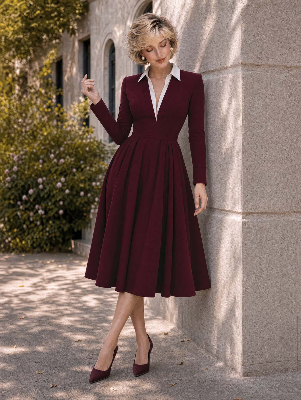 Retro Wine Red Commuter V‑Neck Midi Pleated Dress