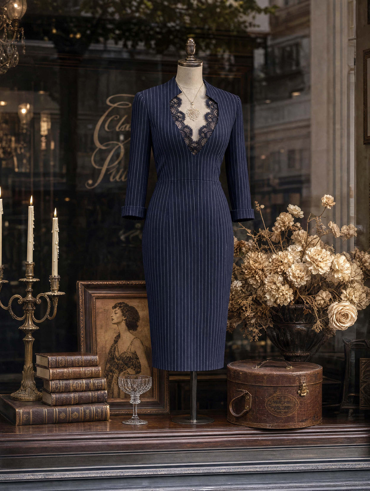Retro Navy Striped Midi Lace‑Cutout Dress