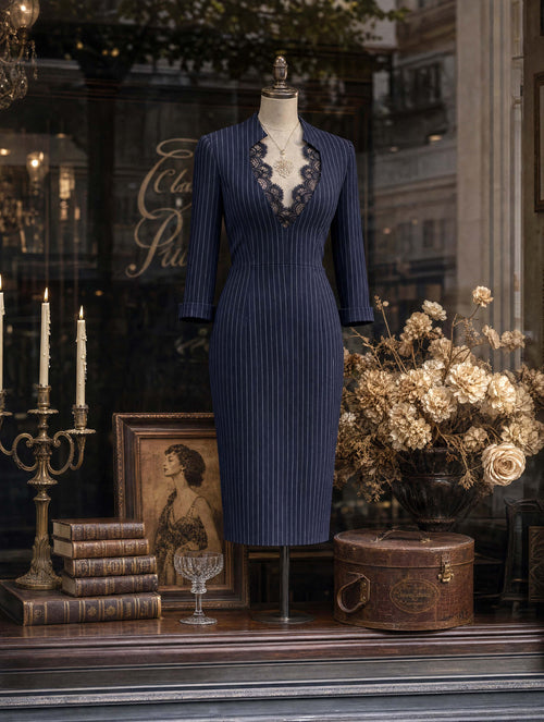 Retro Navy Striped Midi Lace‑Cutout Dress