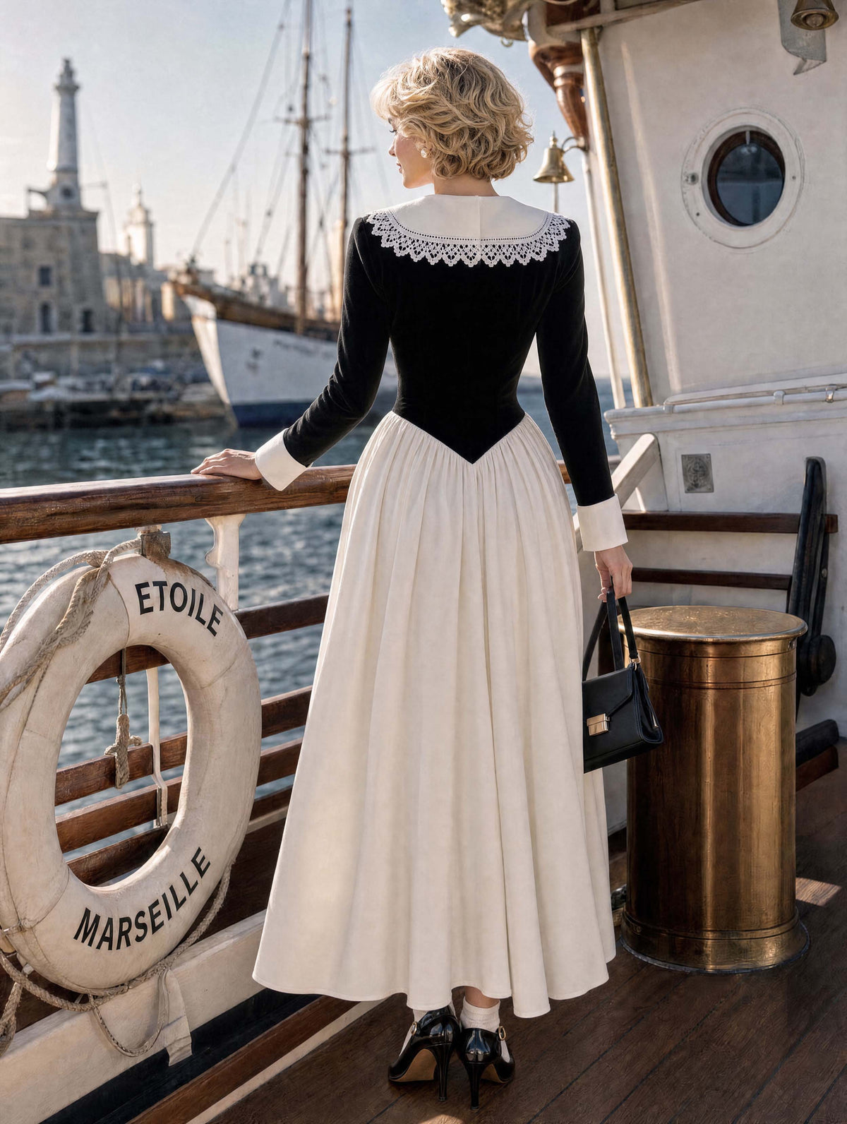 Retro Lace Collar Contrast Midi Dress