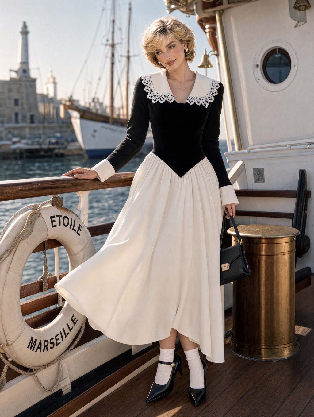 Retro Lace Collar Contrast Midi Dress