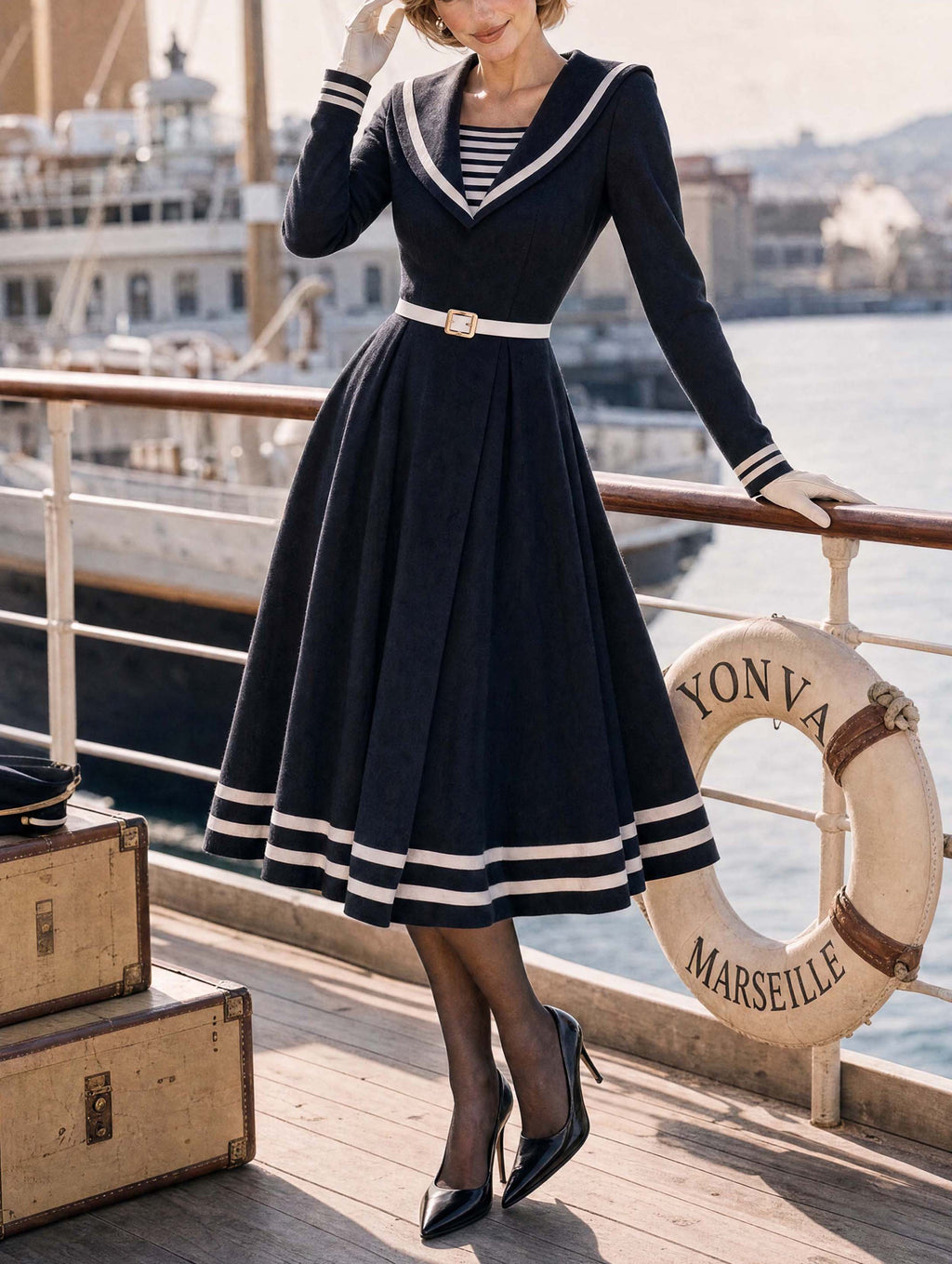 Retro Nautical Sailor Collar Midi Dress