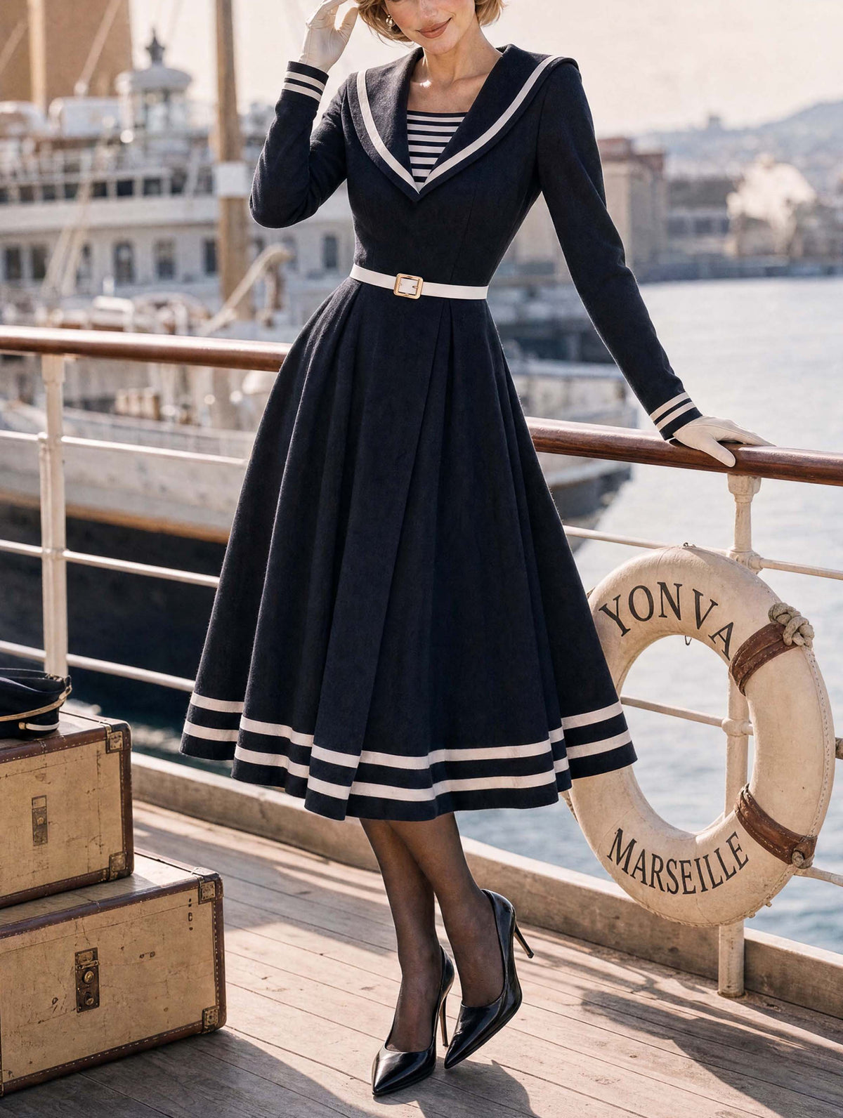 Retro Nautical Sailor Collar Midi Dress