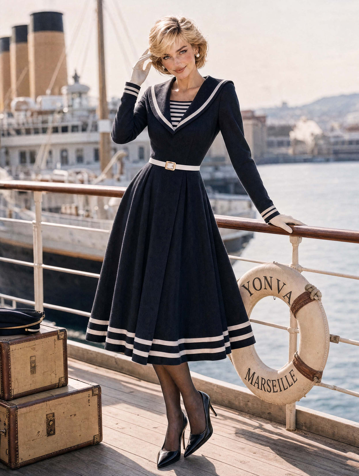 Retro Nautical Sailor Collar Midi Dress