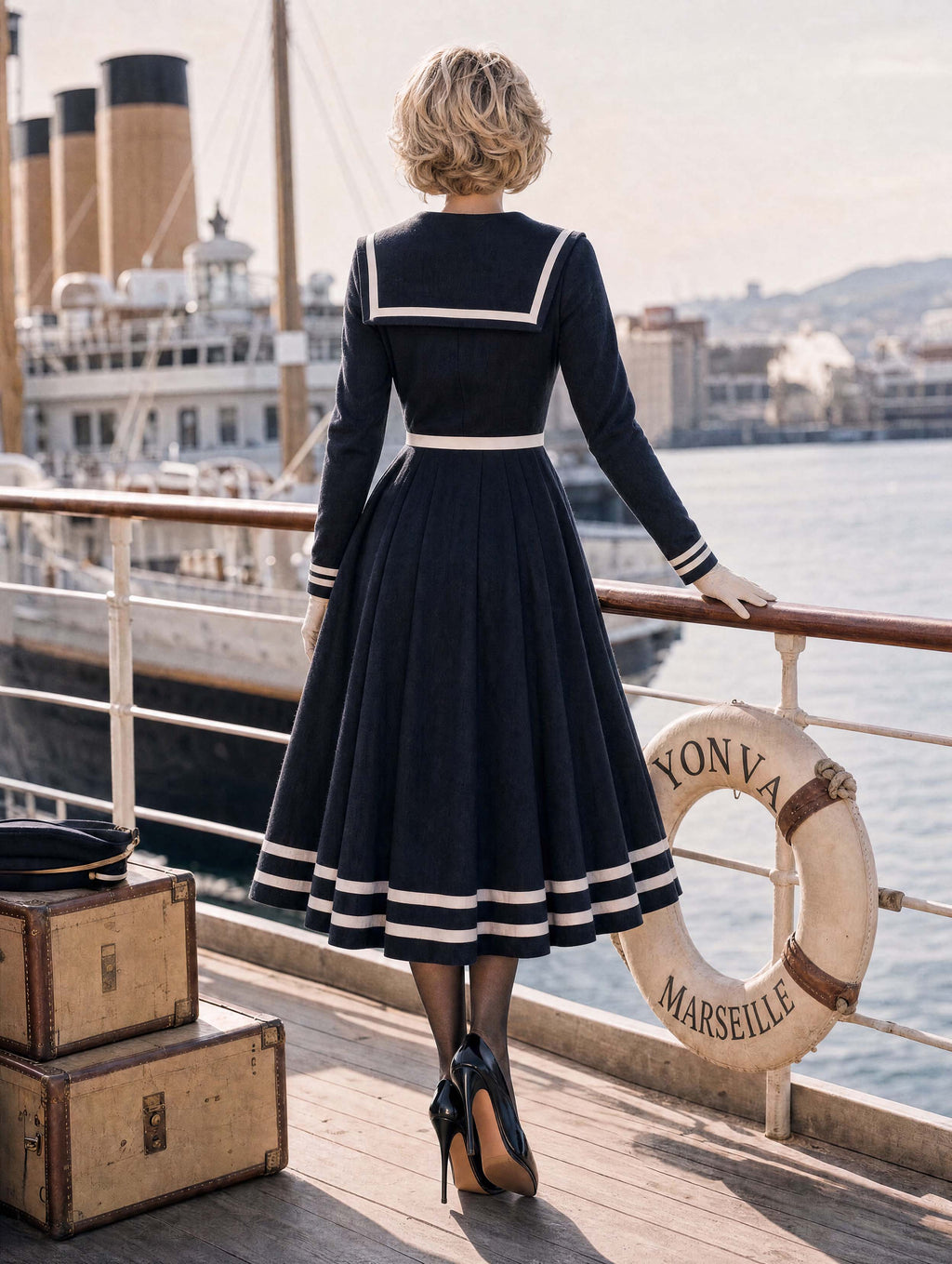 Retro Nautical Sailor Collar Midi Dress