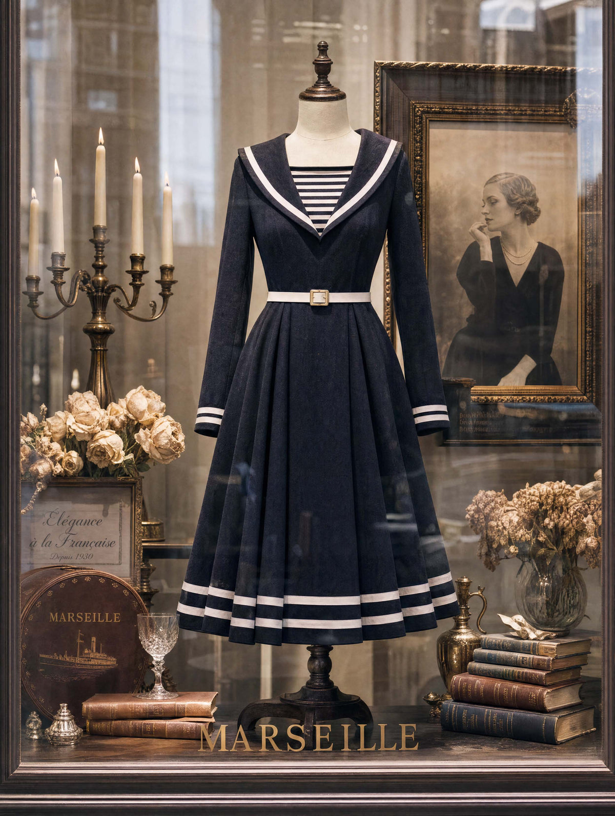 Retro Nautical Sailor Collar Midi Dress