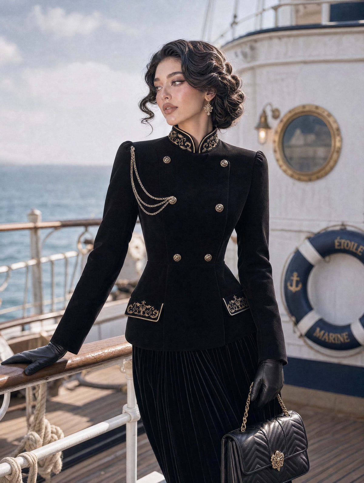 Retro Military Gold‑Embroidered Velvet Jacket