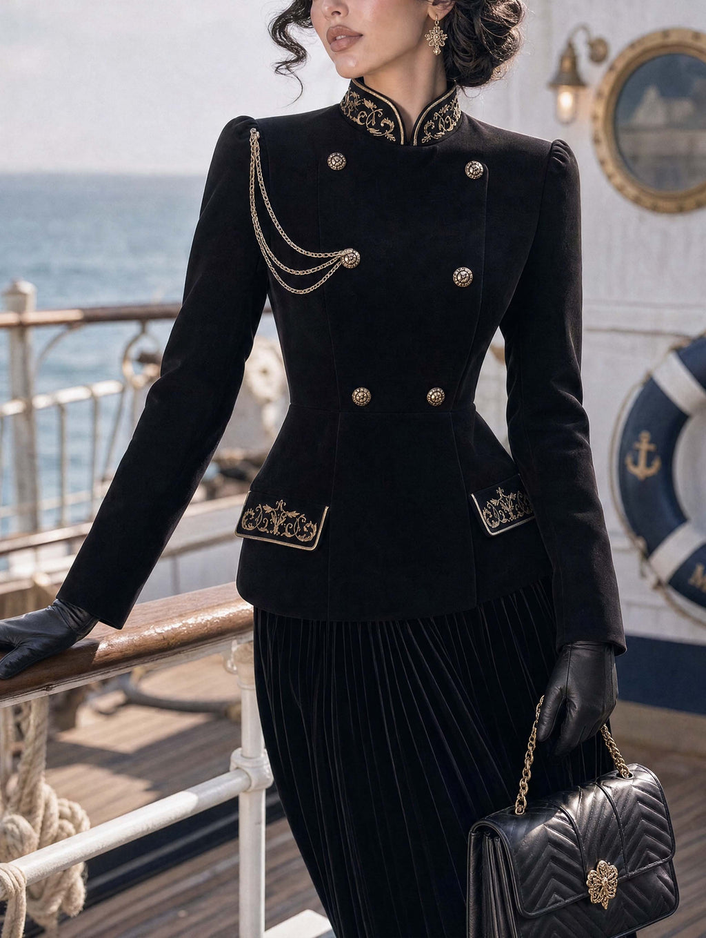 Retro Military Gold‑Embroidered Velvet Jacket