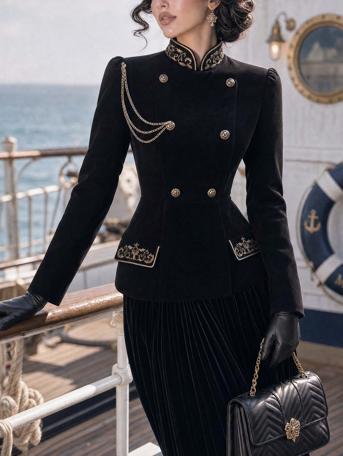 Retro Military Gold‑Embroidered Velvet Jacket