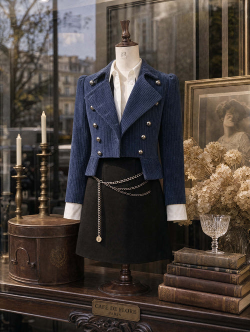 Retro Navy Corduroy Double‑breasted Women Blazer