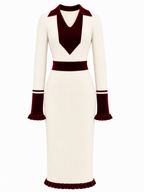 Vintage Collared Velvet Trim Ruffle Hem Slim Knit Midi Dress