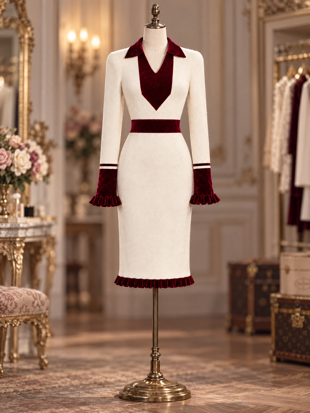 Vintage Collared Velvet Trim Ruffle Hem Slim Knit Midi Dress