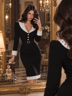 Vintage Hepburn Style Polka Dot Trim Long Sleeve Fitted Midi Dress