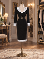 Vintage Hepburn Style Polka Dot Trim Long Sleeve Fitted Midi Dress