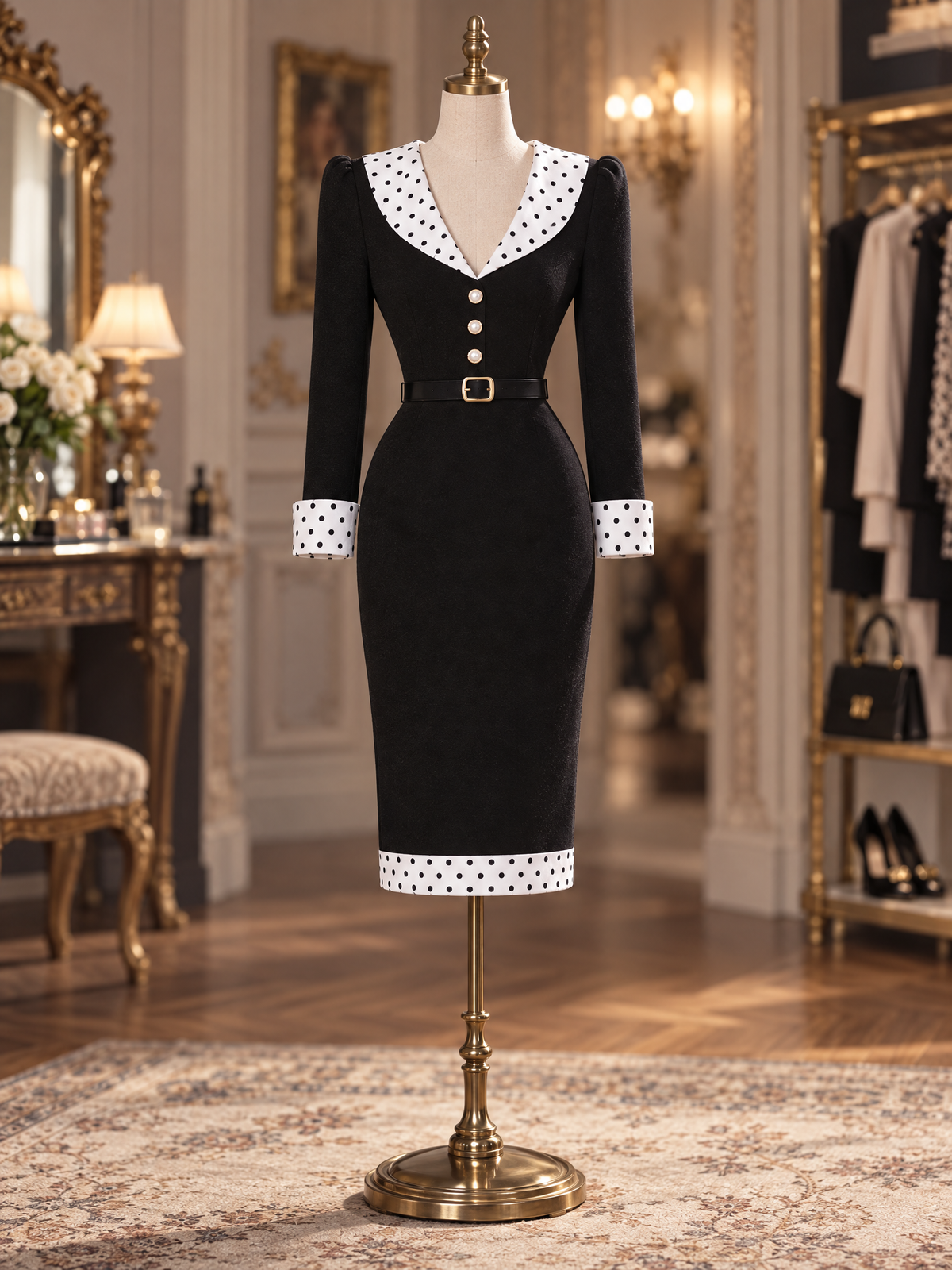 Vintage Hepburn Style Polka Dot Trim Long Sleeve Fitted Midi Dress