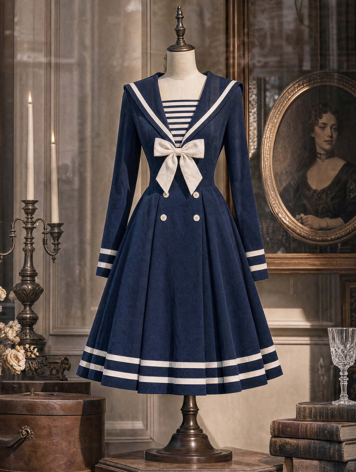 Retro Nautical White Bow Midi Dress