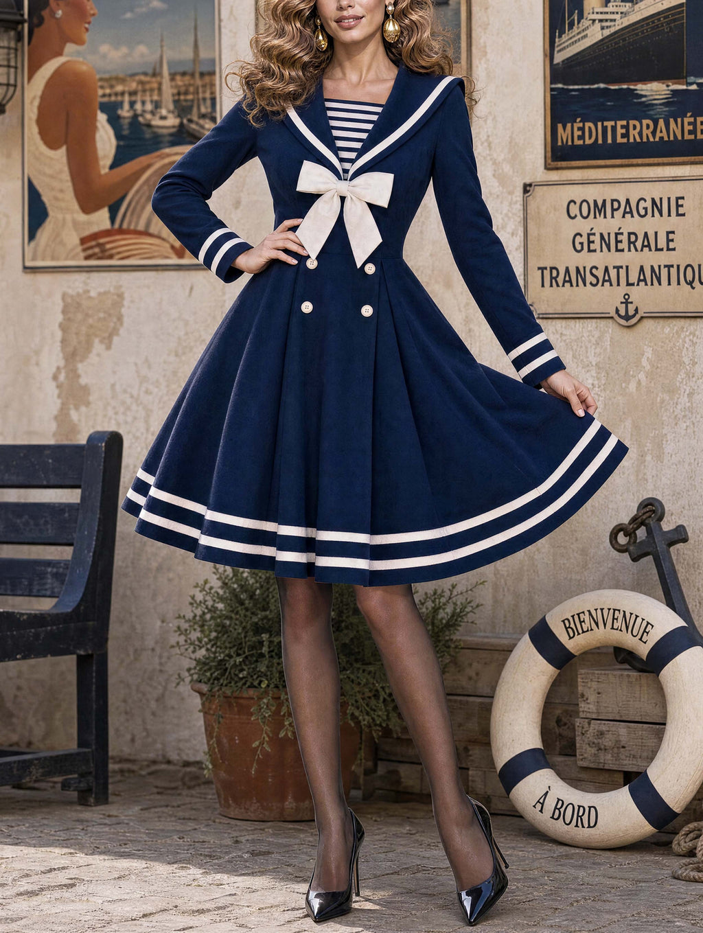 Retro Nautical White Bow Midi Dress