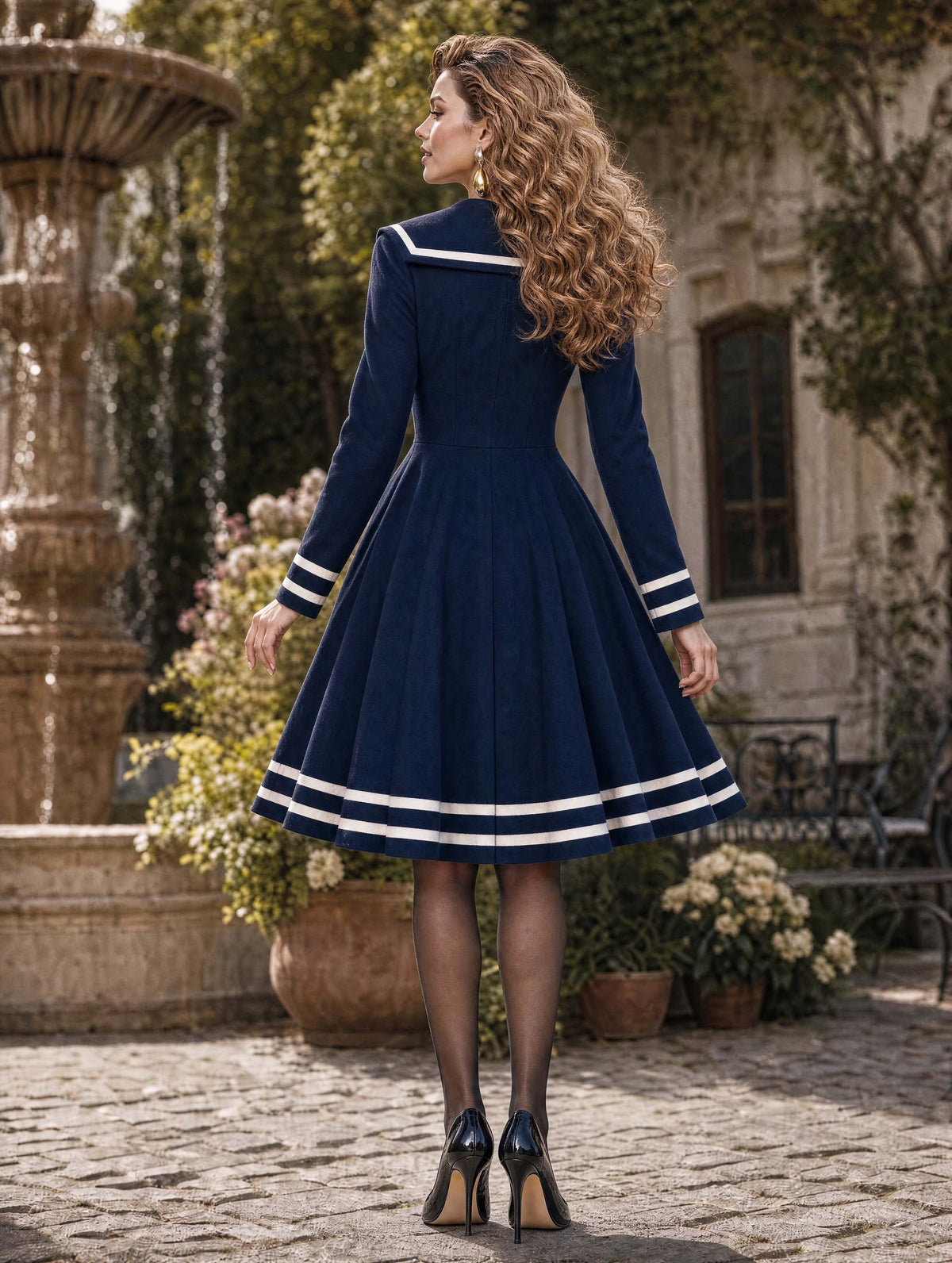 Retro Nautical White Bow Midi Dress
