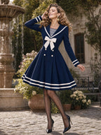 Retro Nautical White Bow Midi Dress