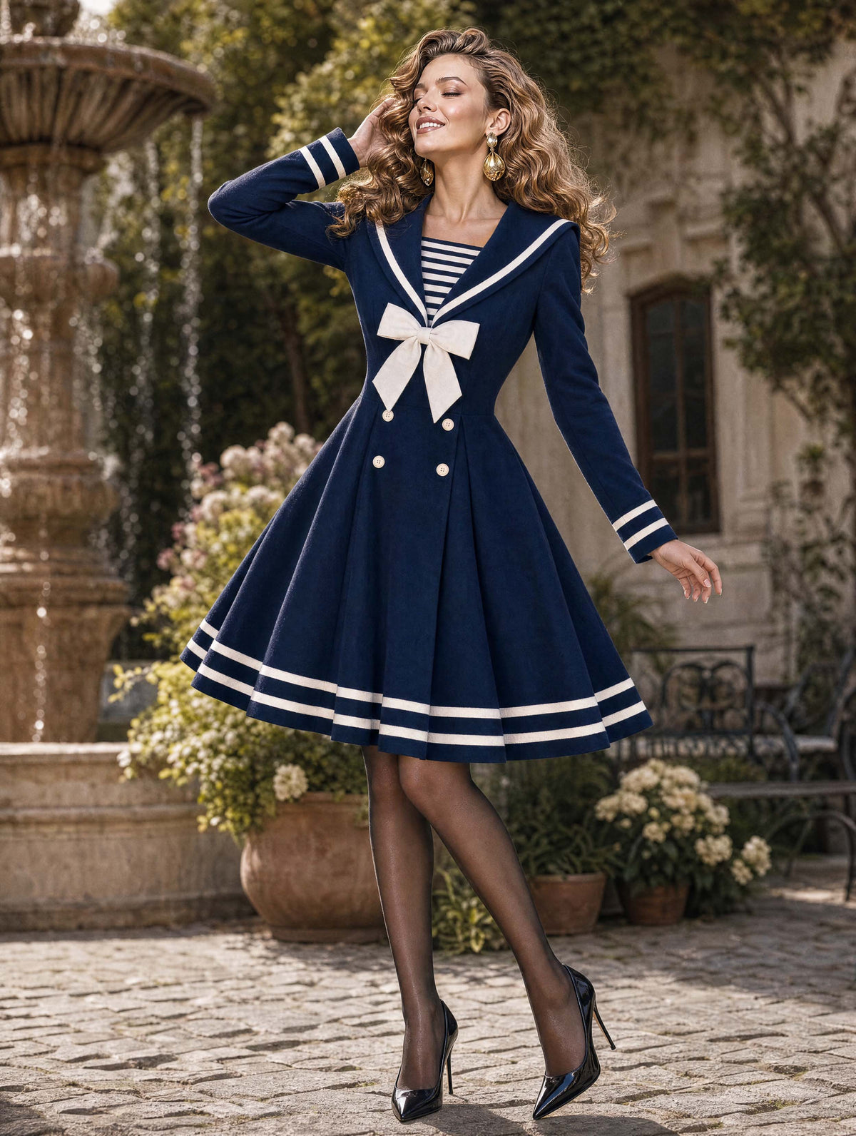 Retro Nautical White Bow Midi Dress