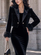 Retro Glam Rhinestone Feather Trim Mini Jacket