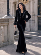 Retro Black Velvet Sweetheart Maxi Slip Dress