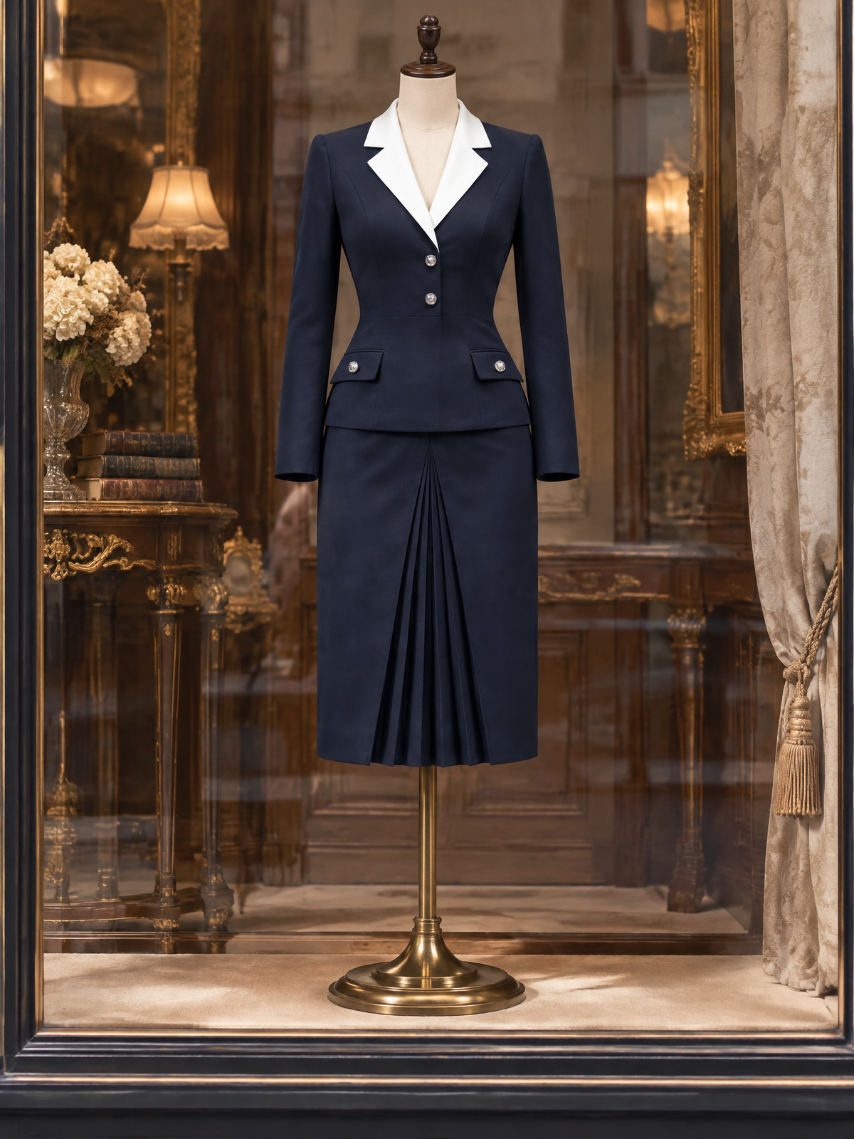 Vintage Lapel Color Block Blazer & Skirt Set