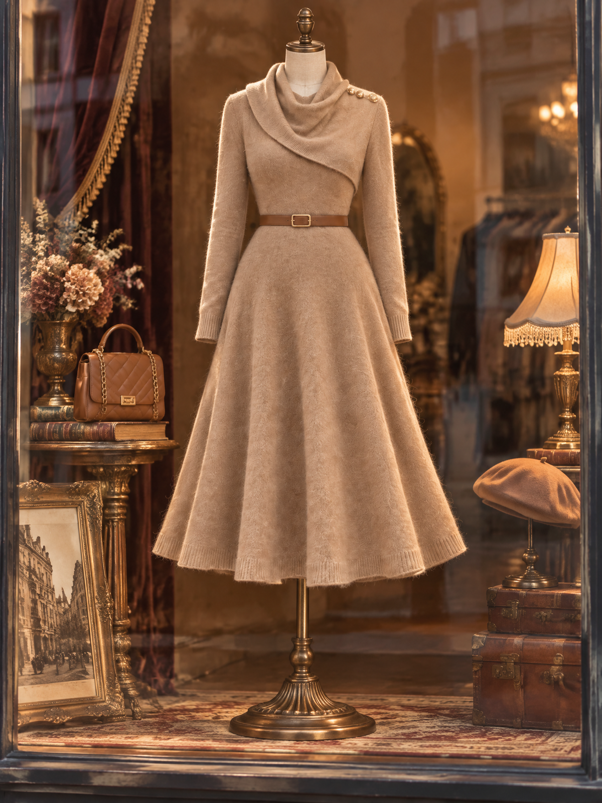 Vintage Wool Blend Turtleneck Midi Dress