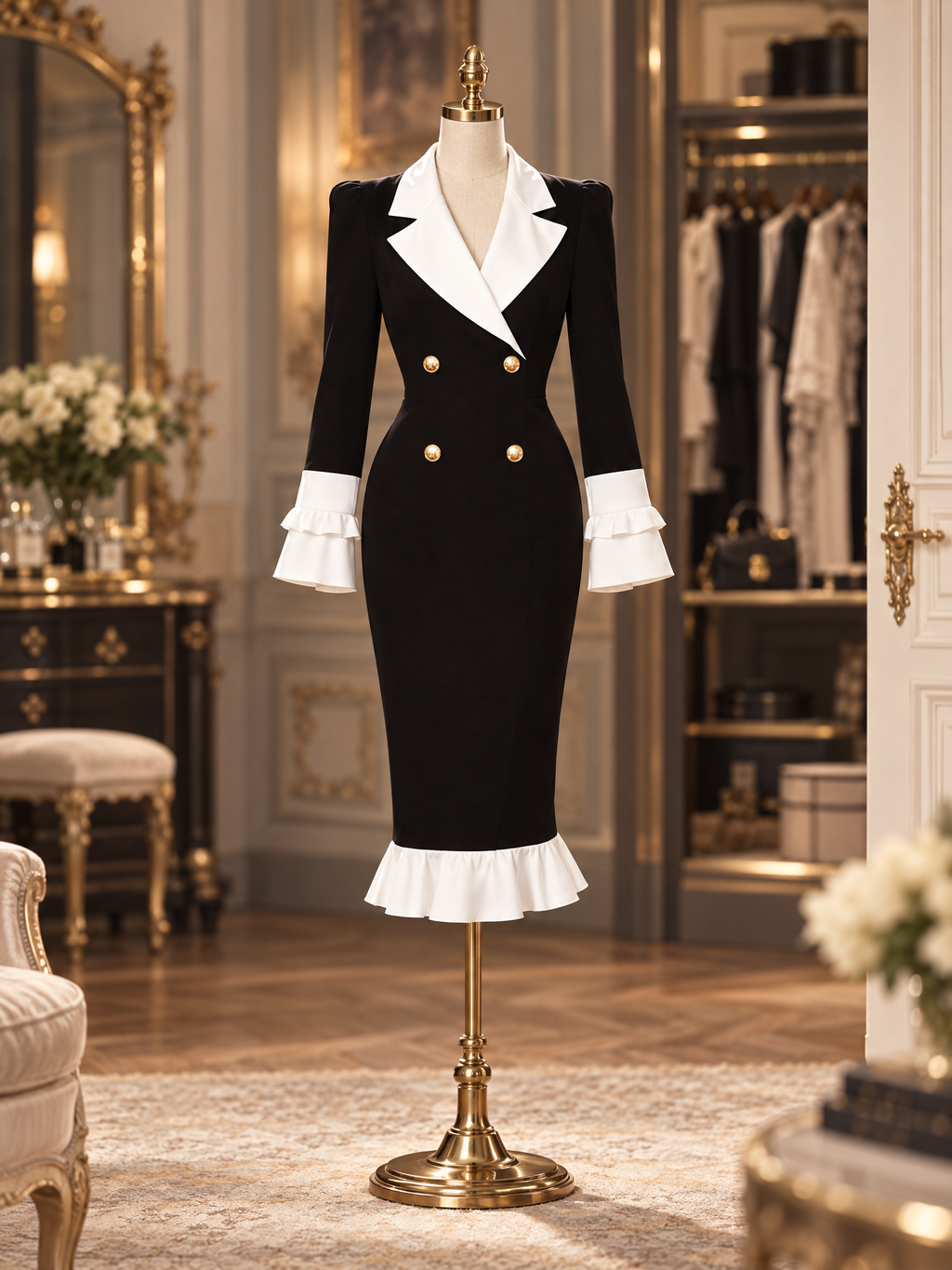 Vintage French Blazer Style Long Sleeve Ruffle Hem Fitted Midi Dress