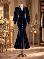 Vintage Lapel Collar Puff Sleeve Velvet Mermaid Slit Midi Dress