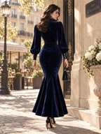Vintage Lapel Collar Puff Sleeve Velvet Mermaid Slit Midi Dress