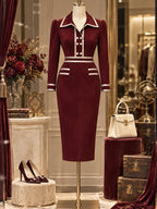 Vintage Gold-Trim Pearl-Button Faux Suede Pencil Dress