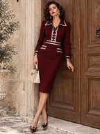 Vintage Gold-Trim Pearl-Button Faux Suede Pencil Dress