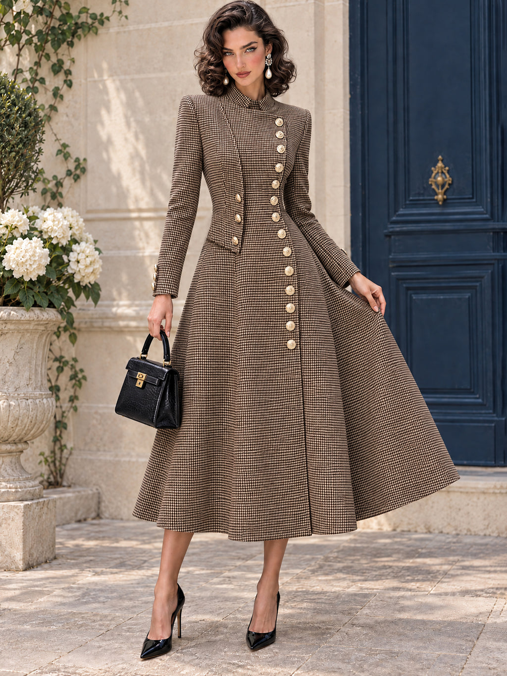 Vintage Gold-Button Houndstooth Wool Coat Dress