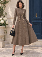 Vintage Gold-Button Houndstooth Wool Coat Dress