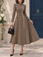 Vintage Gold-Button Houndstooth Wool Coat Dress