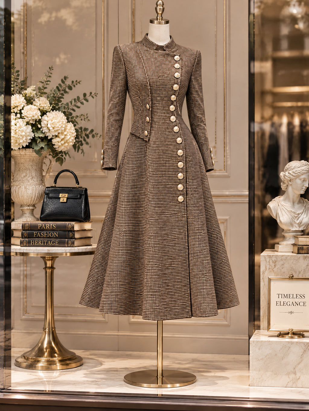 Vintage Gold-Button Houndstooth Wool Coat Dress