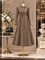 Vintage Gold-Button Houndstooth Wool Coat Dress