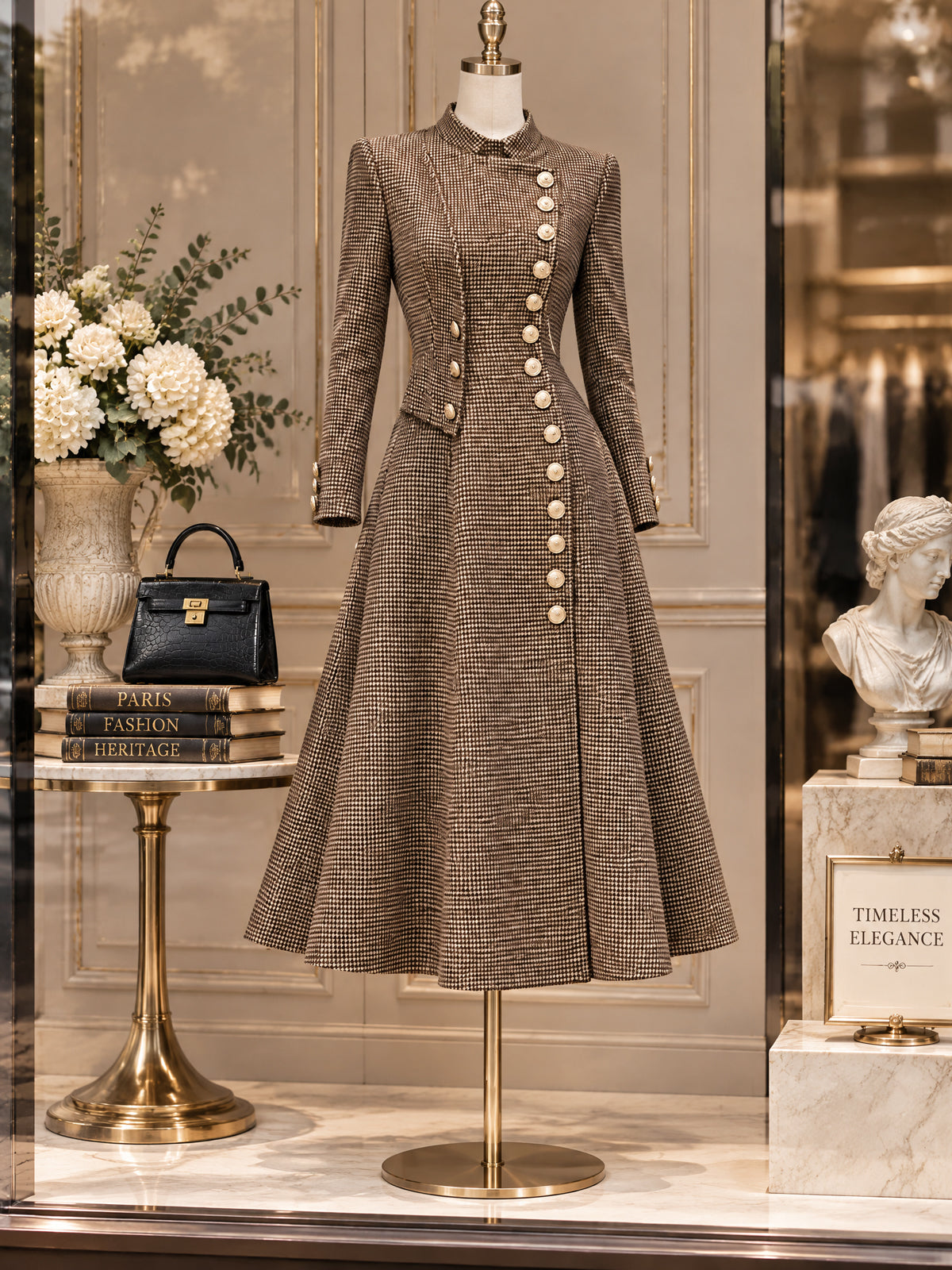 Vintage Gold-Button Houndstooth Wool Coat Dress