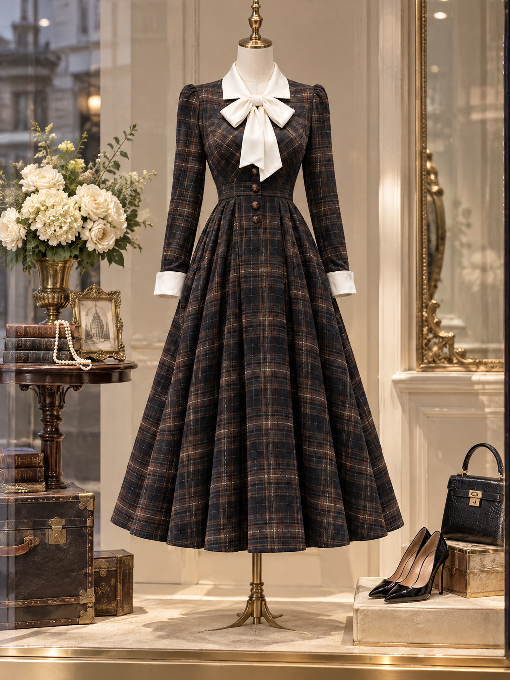Vintage Bow-Collar Plaid Wool Midi Dress