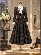 Vintage Bow-Collar Plaid Wool Midi Dress