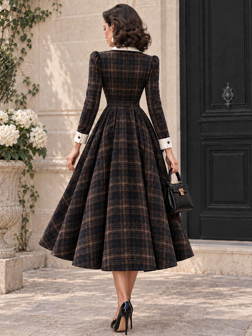 Vintage Bow-Collar Plaid Wool Midi Dress