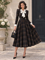 Vintage Bow-Collar Plaid Wool Midi Dress