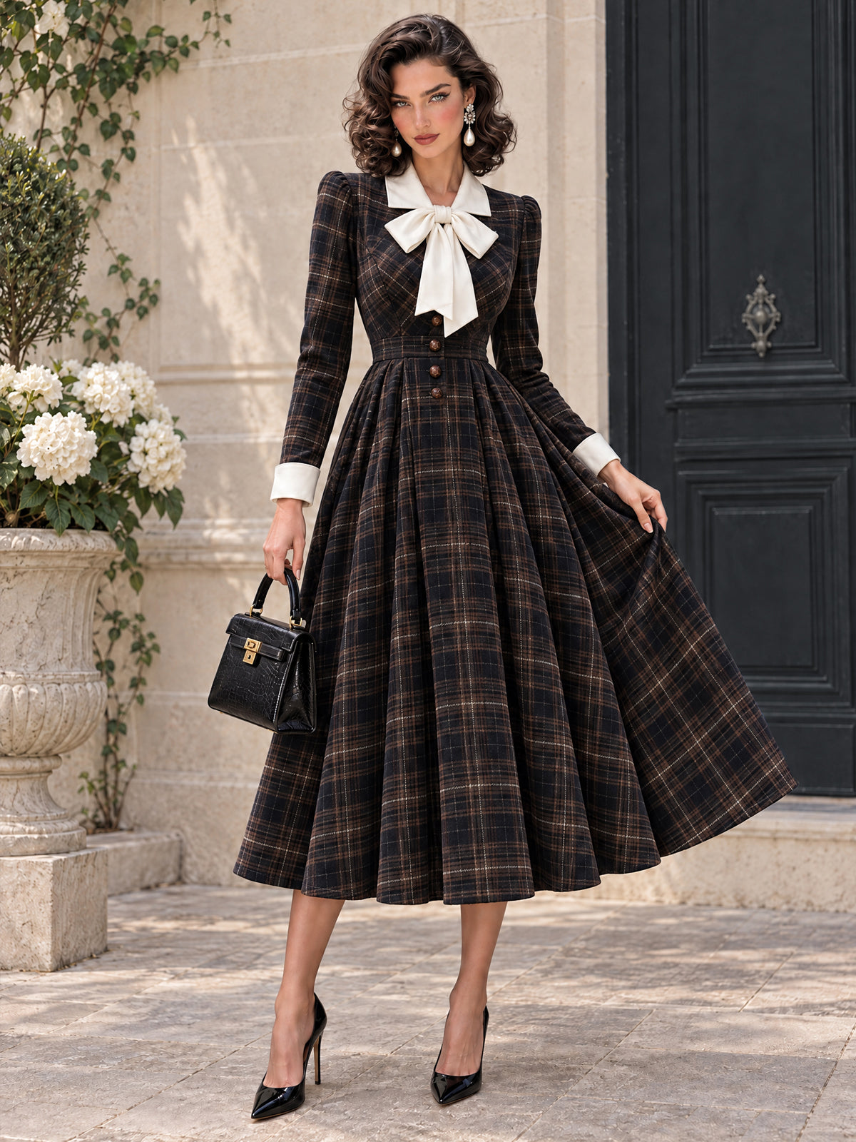 Vintage Bow-Collar Plaid Wool Midi Dress