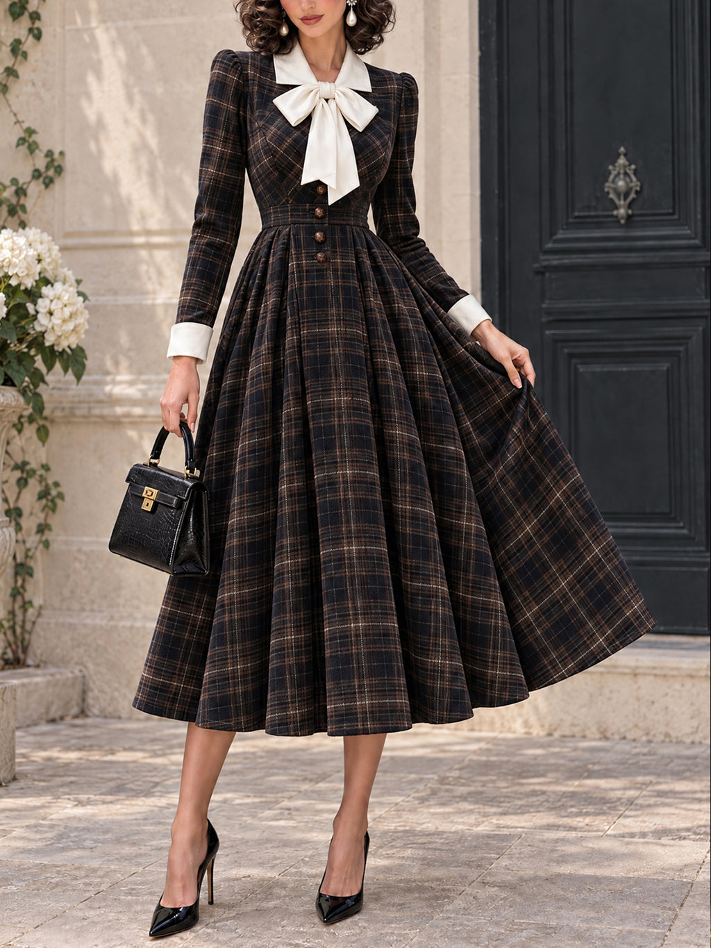 Vintage Bow-Collar Plaid Wool Midi Dress