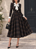 Vintage Bow-Collar Plaid Wool Midi Dress